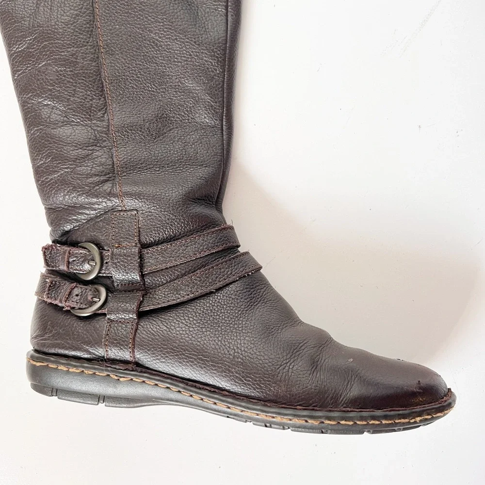 Vintage Y2K Brown Leather Knee High Buckle Boots Tall Riding‎ Moto Biker Boho 8